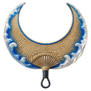 Woven Bamboo Fan with Blue Wave Design Transparent Background