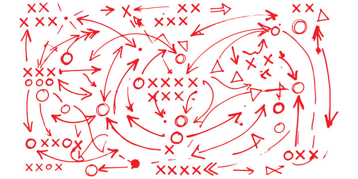 Abstract hand drawn red sketch with arrows circles and crosses on a page
