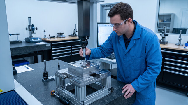 Engineer inspecting precision metal part with CMM probe in modern quality control laboratory. Concept of lab engineer, calibration, metrology, coordinate measuring machine, inspection. Copy space.