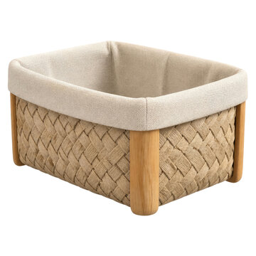 Woven Basket with Wooden Legs and Linen Lining for Storage