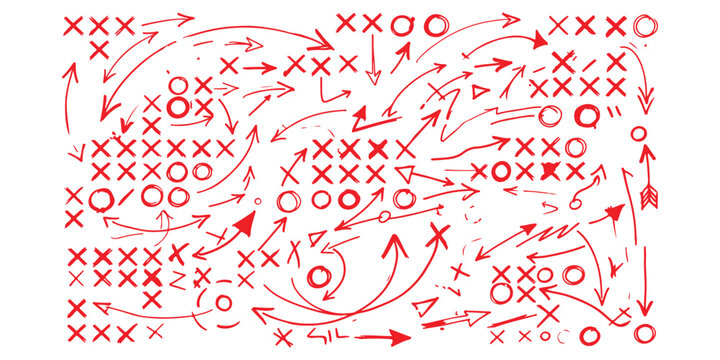 Red hand drawn x and o marks with arrows showing tactical game strategy or decision flow