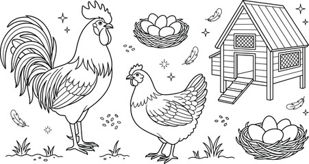 Domestic chicken farm poultry line art vector illustration set featuring rooster hen coop nest eggs feathers seeds and grass elements © MST