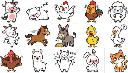 Obraz premium Kawaii Farm Animal Character Set, Cute Cartoon Livestock and Pets Isolated on White Background