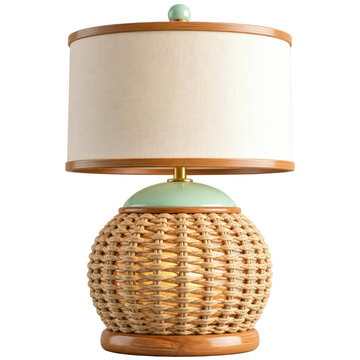 Woven Rattan Table Lamp with Beige Shade and Wooden Accents