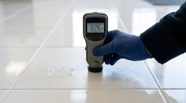 Gloved hand using digital slip meter to test friction coefficient on wet tile surface