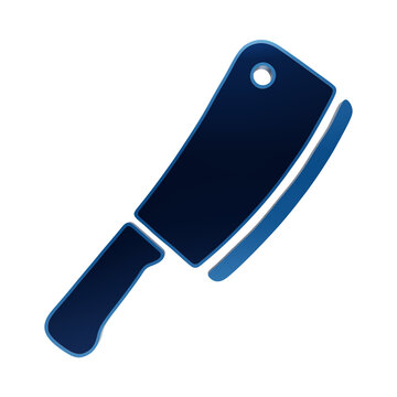 Glossy blue meat cleaver butcher knife icon with metallic gradient shading on dark background, for recipes isolated on a transparent background