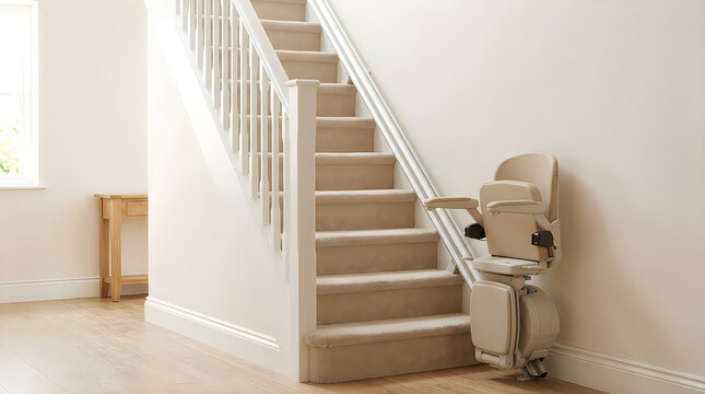 Beige stairlift chair installed on carpeted staircase in bright modern home interior with wooden floor