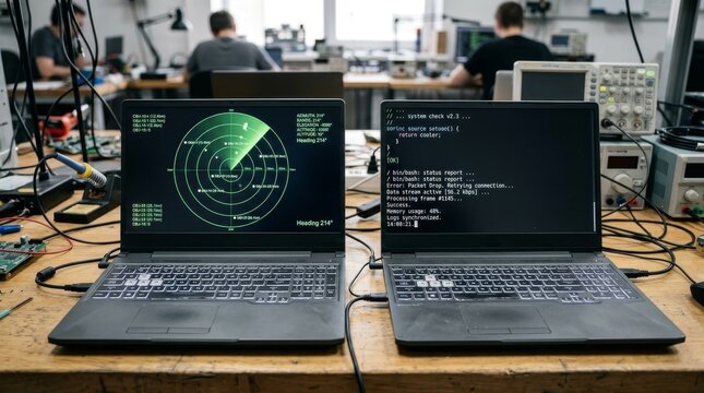 Two Laptops Displaying Radar System and Programming Code in Engineering Lab