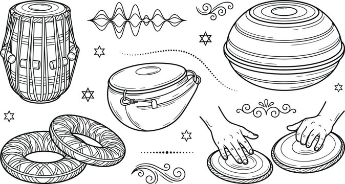 Indian percussion musical instruments line art vector illustration set featuring tabla bayan hands playing sound wave and support rings
