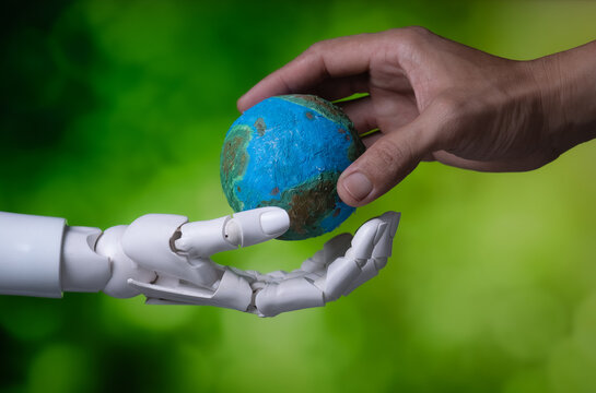 Human and Robotic Hands Covering Globe for Environment Protection and AI Concept