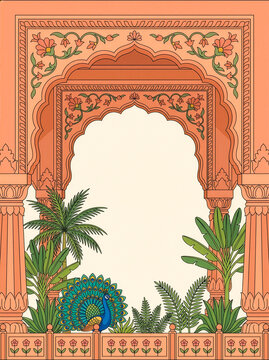 Mughal arch frame with peacock, palm trees and floral border