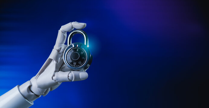 Robotic Hand Holding Combination Padlock for AI Data Security Concept