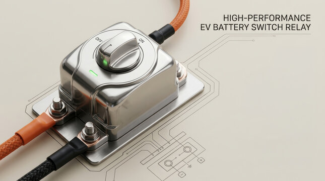 Electric vehicle battery relay switch technology with polished metal housing and cable connection conveys reliable power control for modern