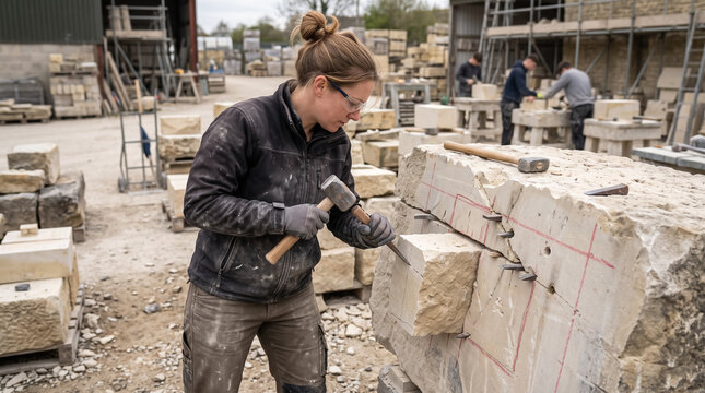 Female stonemason carving limestone block with hammer and chisel at outdoor stone yard. Concept of worker, stonemasonry.