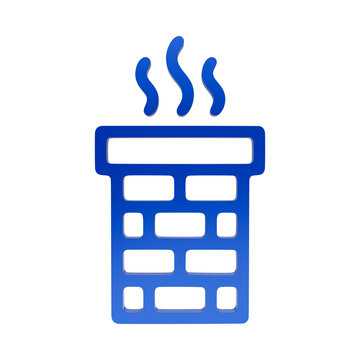Blue glossy 3D icon of a brick chimney with smoke rising , heating fireplace isolated on a transparent background