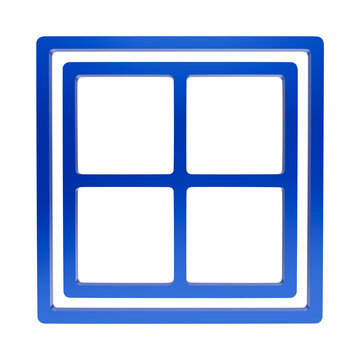 Blue 3D line icon of a square window with four panes and outer frame on dark background, glass symbol isolated on a transparent background