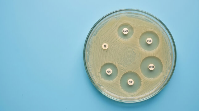Antimicrobial resistance testing using antibiotic disks on bacterial culture in petri dish
