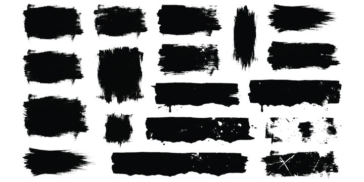 Set of black ink brush stroke marks and textured paint banners for design elements
