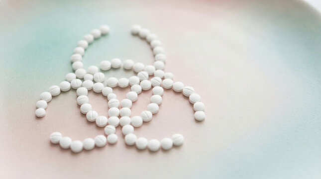 White pearl bead logo form with elegant fashion styling on pastel surface