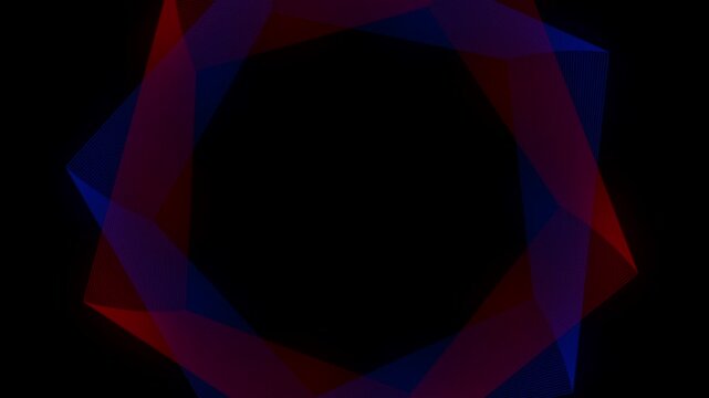 Abstract red blue neon geometric circle background. Glowing futuristic wireframe star ring motion graphic. Cybernetic polygon portal light beam.