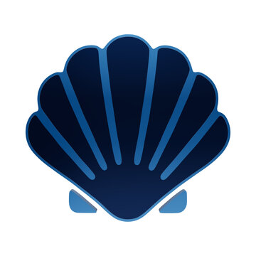 Blue 3D icon of a sea shell with ribbed texture and fan shape on a dark background, seashell ocean marine isolated on a transparent background