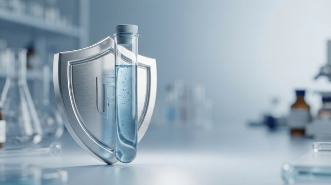 Biotech patent disputes concept featuring transparent test tube beside silver shield in clean laboratory setting