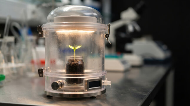 Biotech patent disputes surround sprouting seed in transparent laboratory chamber with warm light and scientific equipment