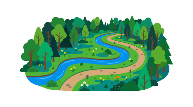 Winding Forest Path and River Illustration, Nature Trail, Scenic Landscape