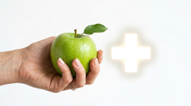 Green apple hand healthcare accessibility symbolize healthy lifestyle with glowing medical cross on white background