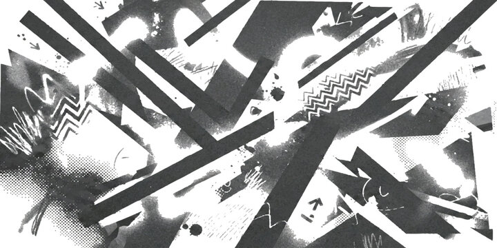 Abstract black and white geometric pattern with lines and shapes in a modern artistic style