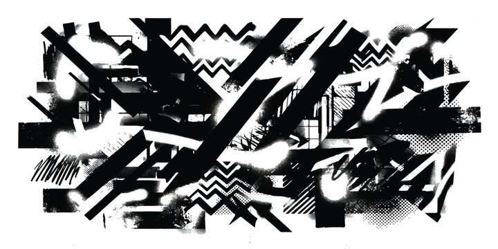 Abstract black and white graphic design with geometric shapes and halftone patterns