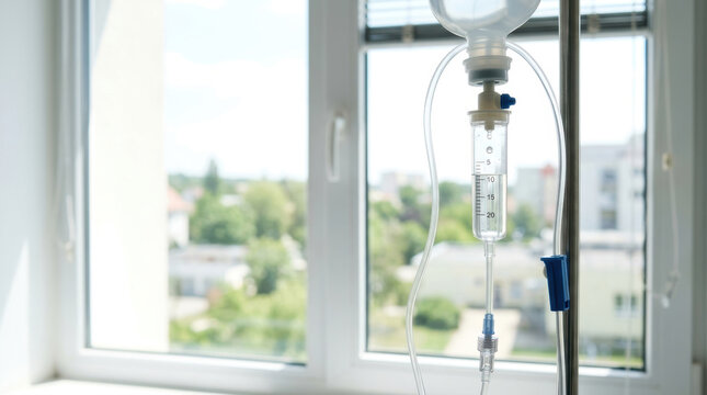 Intravenous infusion beside bright window supports healthcare accessibility and calm treatment in hospital room