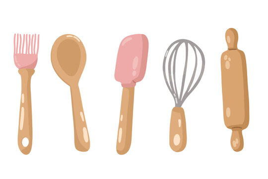 Cute kitchen utensils vector set, baking tools collection, cooking element illustration