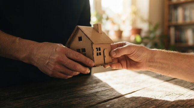 Affordable housing challenge shown through small house exchanged between hands with warm indoor light