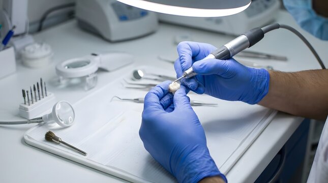 Professional dental technician hands in blue gloves shaping and polishing a ceramic tooth crown using a precision grinding tool in a modern prosthetic dentistry laboratory clinic.