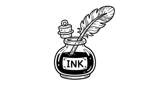 Hand drawn ink bottle with a feather quill pen on a white background