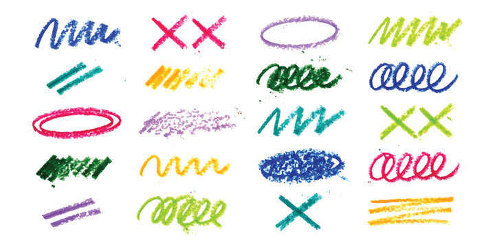 Set of colorful hand drawn marker strokes lines circles and crosses for design decoration
