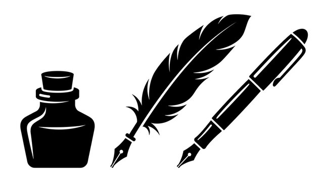 Black ink bottle with quill and fountain pen icons on white background