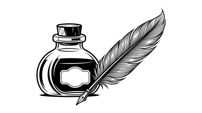 Vintage ink bottle and feather quill pen illustration on white