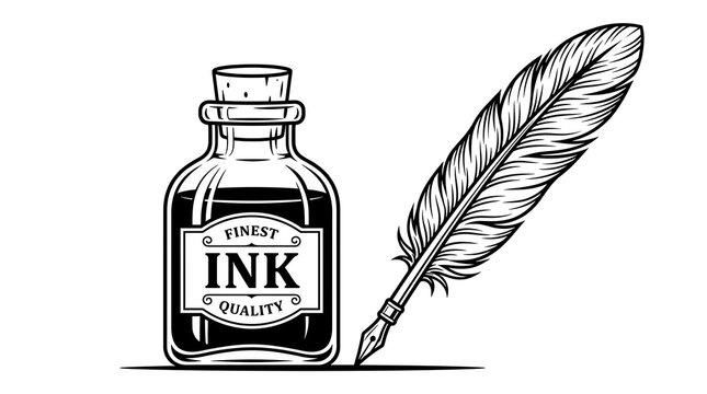 Vintage ink bottle with feather quill pen isolated on white background