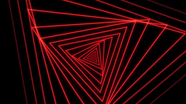 Red neon triangle tunnel abstract background, infinite geometric motion loop, futuristic cyberpunk digital vj effect