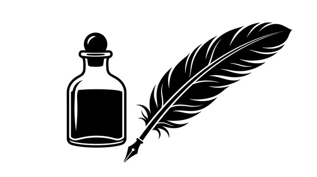 Black ink bottle and quill pen icon isolated on white background