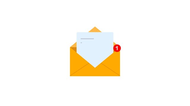 message mail flat animation. electronic mail icon featuring a yellow envelope with notification and white letter.