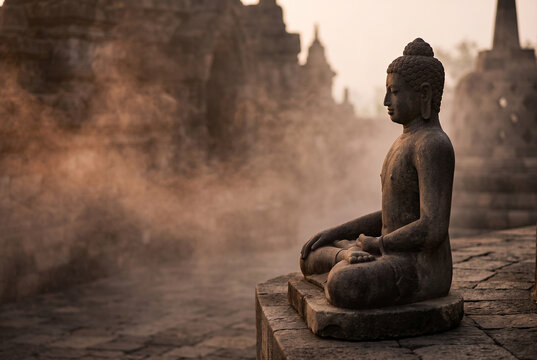 Abstract javanese buddha statue with elegant fog and empty space