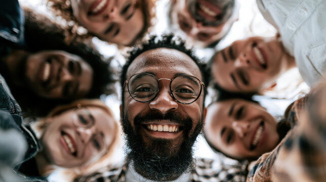 Smiling diverse group huddled in a circle, faces looking down at the camera. Teamwork, inclusion and community unity in a low angle group portrait