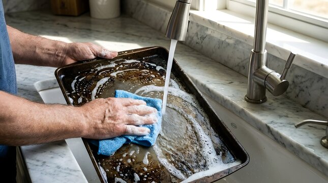 Close-up of a person scrubbing a dirty metal baking sheet with a blue cloth and soapy water under a kitchen faucet, performing household chores and cleaning greasy cookware in a modern sink