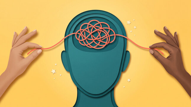 Mental health and psychology concept showing hands untangling a knotted string inside a human head representing problem solving and clarity
