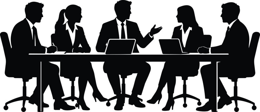 Business meeting silhouettes vector illustration featuring a team in discussion at conference table
