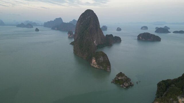 Drone Flying Backwards from Samet Nangshe Viewpoint in Phang Nga, Thailand