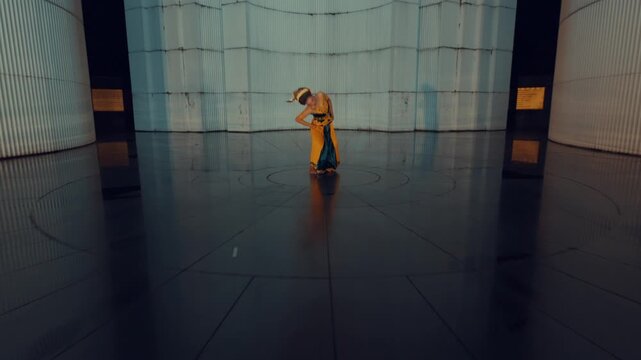 A dramatic wide shot of a dancer in a low crouching stance, her reflection visible on the polished floor of the monument at night.